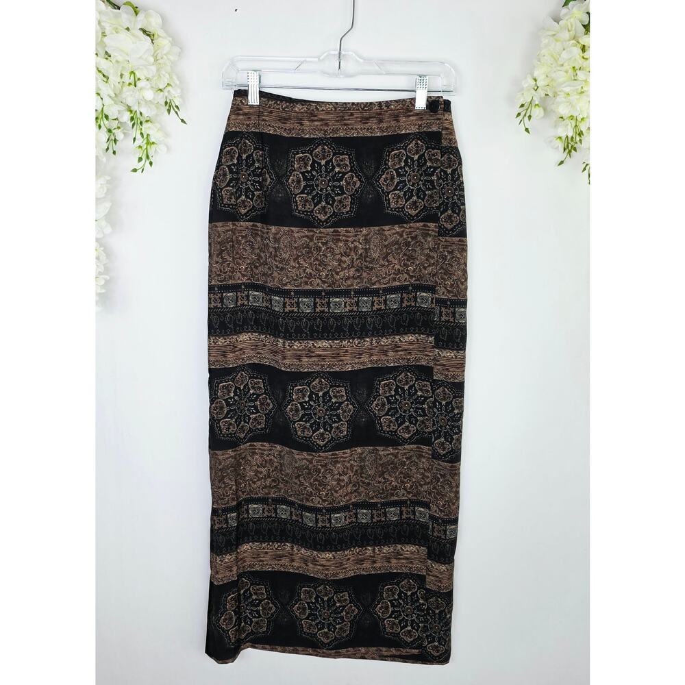 Vintage Wrap Maxi Skirt Size 8 Black Brown Medallion Print Dark Boho Grunge 90s - Picture 2 of 12